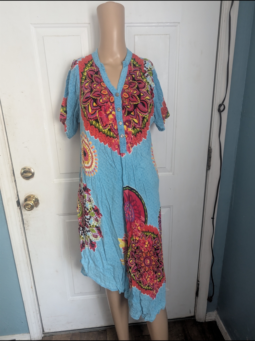 Somya VWomen's Turquoise V-Neck Floral Print Tunic Dress